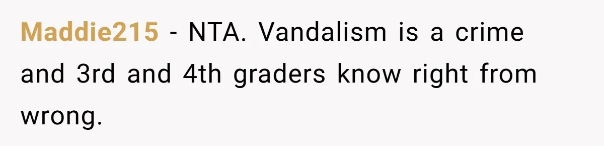 Maddie215 − NTA. Vandalism is a crime and 3rd and 4th graders know right from wrong.