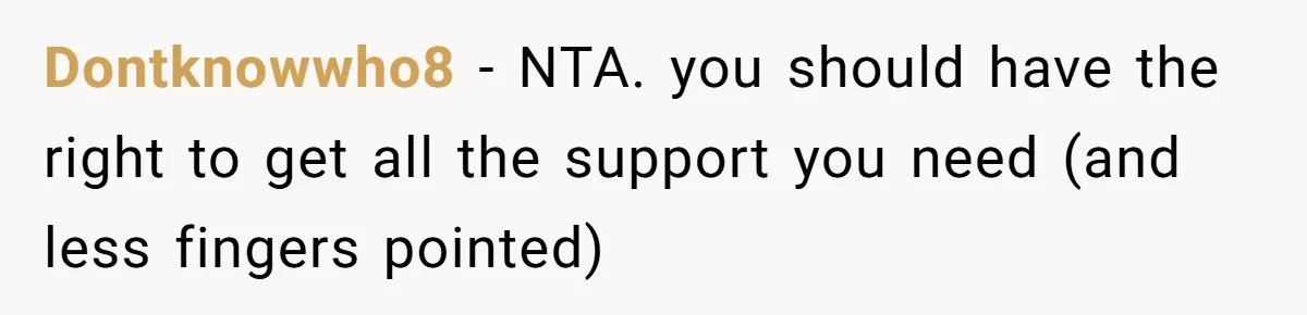 Dontknowwho8 − NTA. you should have the right to get all the support you need (and less fingers pointed)