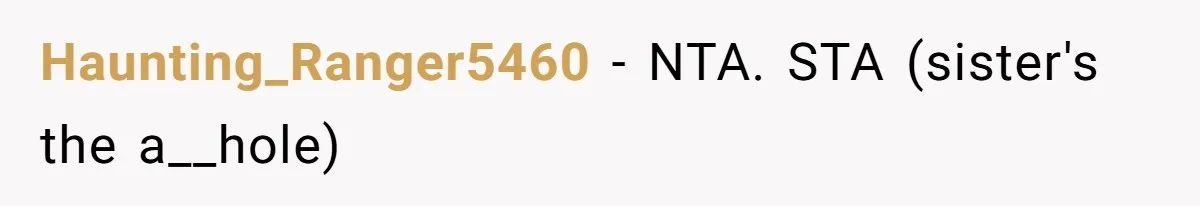 Haunting_Ranger5460 − NTA. STA (sister's the a__hole)