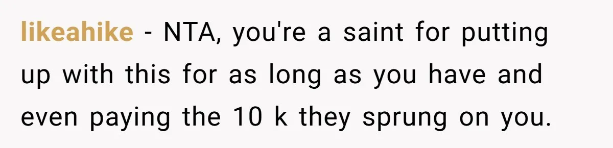 likeahike − NTA, you're a saint for putting up with this for as long as you have and even paying the 10 k they sprung on you.