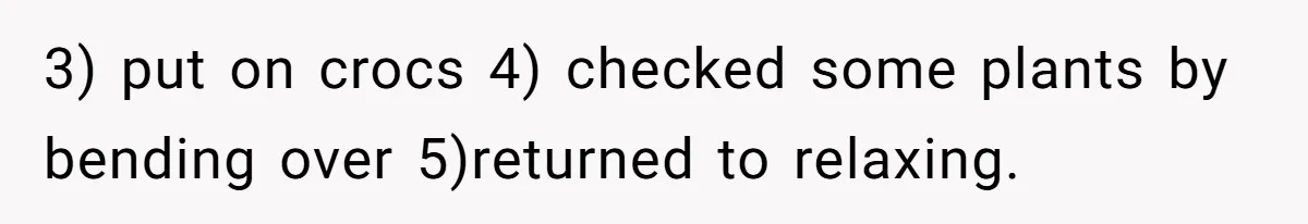 3) put on crocs 4) checked some plants by bending over 5)returned to relaxing.