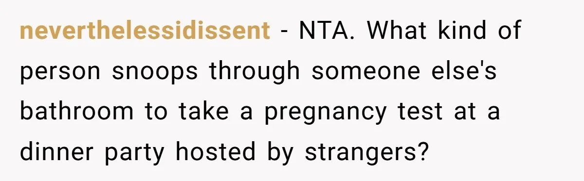 neverthelessidissent − NTA. What kind of person snoops through someone else's bathroom to take a pregnancy test at a dinner party hosted by strangers?
