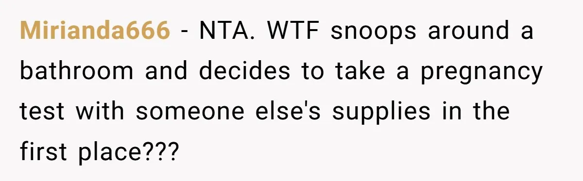 Mirianda666 − NTA. WTF snoops around a bathroom and decides to take a pregnancy test with someone else's supplies in the first place???
