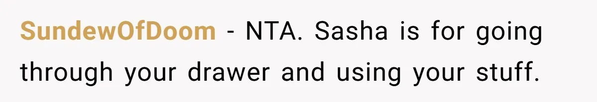 SundewOfDoom − NTA. Sasha is for going through your drawer and using your stuff.