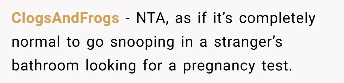 ClogsAndFrogs − NTA, as if it’s completely normal to go snooping in a stranger’s bathroom looking for a pregnancy test.