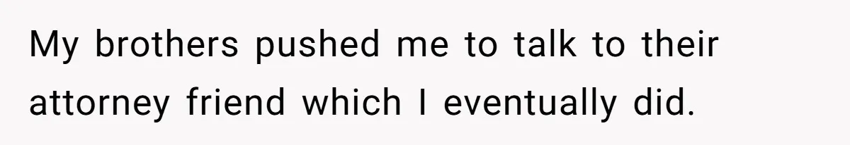 My brothers pushed me to talk to their attorney friend which I eventually did.