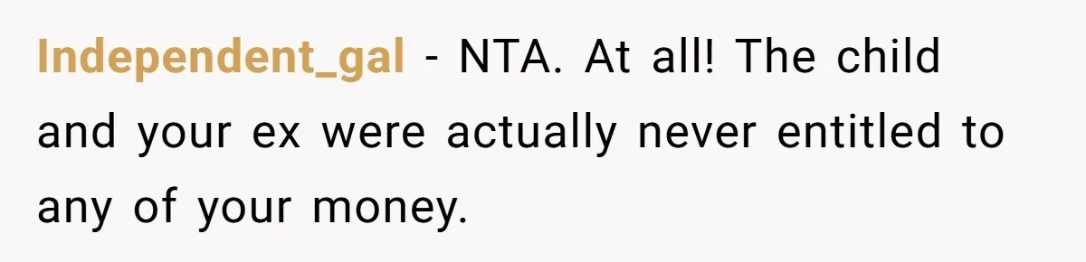 Independent_gal − NTA. At all! The child and your ex were actually never entitled to any of your money.