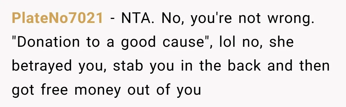 PlateNo7021 − NTA. No, you're not wrong. "Donation to a good cause", lol no, she betrayed you, stab you in the back and then got free money out of you