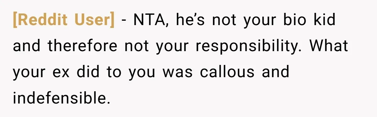 [Reddit User] − NTA, he’s not your bio kid and therefore not your responsibility. What your ex did to you was callous and indefensible.