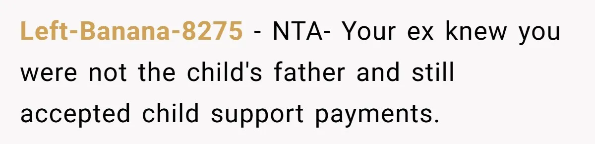 Left-Banana-8275 − NTA- Your ex knew you were not the child's father and still accepted child support payments.