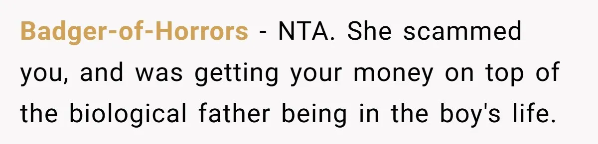 Badger-of-Horrors − NTA. She scammed you, and was getting your money on top of the biological father being in the boy's life.
