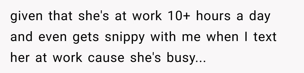 given that she's at work 10+ hours a day and even gets snippy with me when I text her at work cause she's busy...