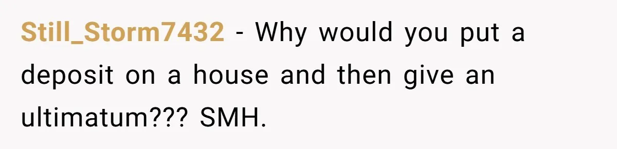 Still_Storm7432 − Why would you put a deposit on a house and then give an ultimatum??? SMH.