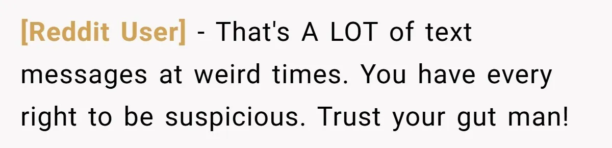 [Reddit User] − That's A LOT of text messages at weird times. You have every right to be suspicious. Trust your gut man!