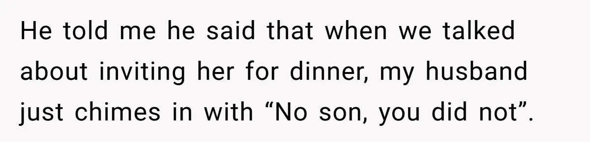 He told me he said that when we talked about inviting her for dinner, my husband just chimes in with “No son, you did not”.