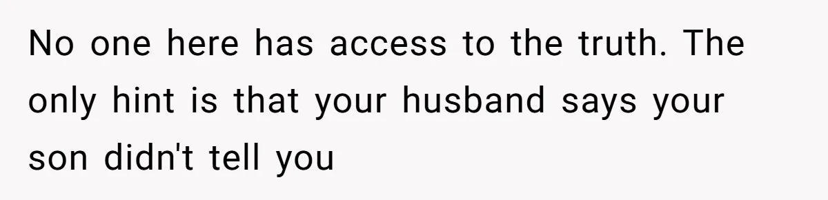 No one here has access to the truth. The only hint is that your husband says your son didn't tell you