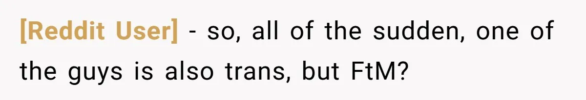 [Reddit User] − so, all of the sudden, one of the guys is also trans, but FtM?