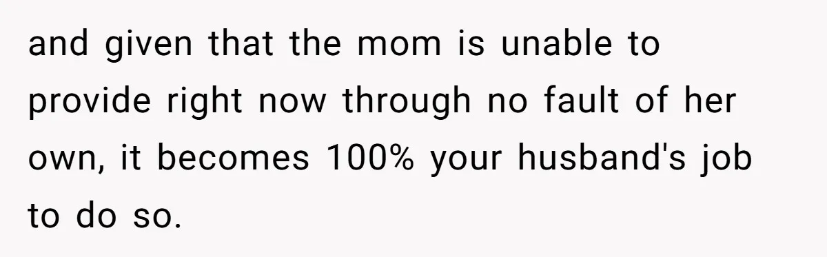 and given that the mom is unable to provide right now through no fault of her own, it becomes 100% your husband's job to do so.