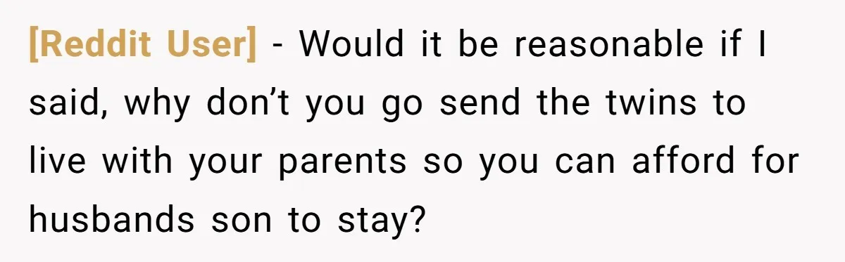 [Reddit User] − Would it be reasonable if I said, why don’t you go send the twins to live with your parents so you can afford for husbands son to...