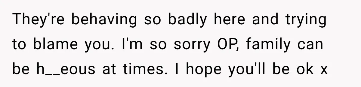 They're behaving so badly here and trying to blame you. I'm so sorry OP, family can be h__eous at times. I hope you'll be ok x