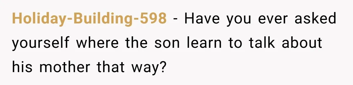 Holiday-Building-598 − Have you ever asked yourself where the son learn to talk about his mother that way?