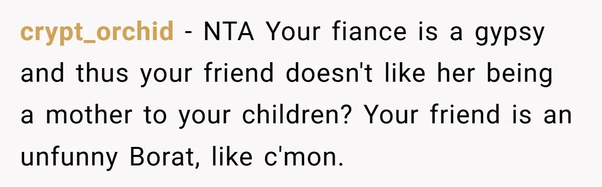 crypt_orchid − NTA Your fiance is a gypsy and thus your friend doesn't like her being a mother to your children? Your friend is an unfunny Borat, like c'mon.