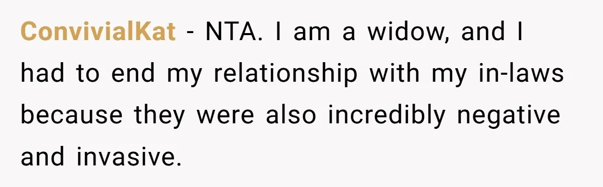 ConvivialKat − NTA. I am a widow, and I had to end my relationship with my in-laws because they were also incredibly negative and invasive.