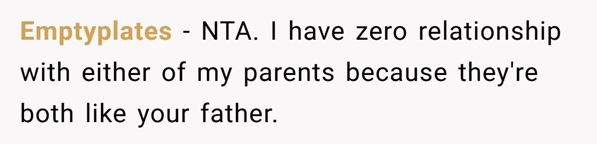 Emptyplates − NTA. I have zero relationship with either of my parents because they're both like your father.