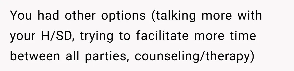You had other options (talking more with your H/SD, trying to facilitate more time between all parties, counseling/therapy)
