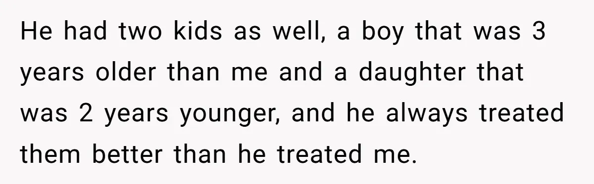He had two kids as well, a boy that was 3 years older than me and a daughter that was 2 years younger, and he always treated them better than...
