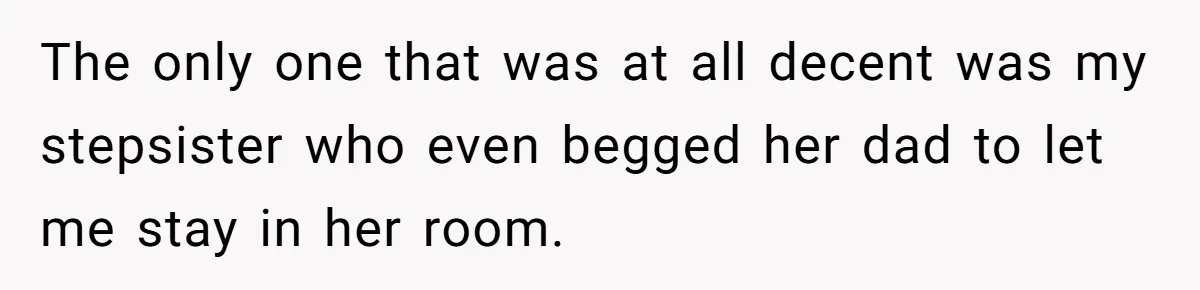 The only one that was at all decent was my stepsister who even begged her dad to let me stay in her room.