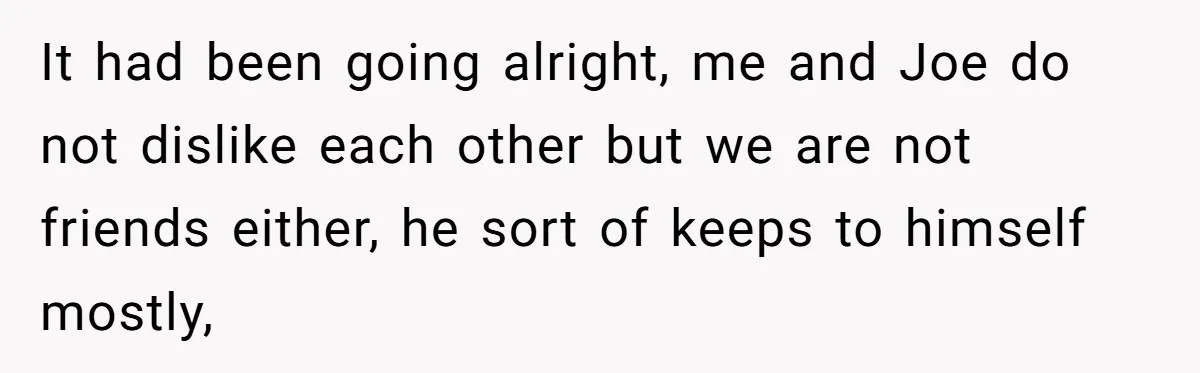It had been going alright, me and Joe do not dislike each other but we are not friends either, he sort of keeps to himself mostly,
