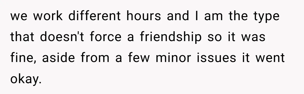 we work different hours and I am the type that doesn't force a friendship so it was fine, aside from a few minor issues it went okay.