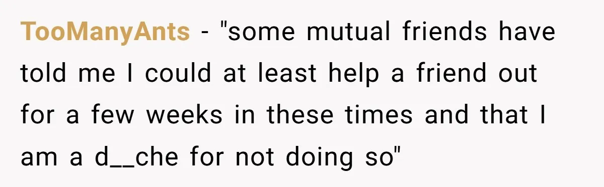 TooManyAnts − "some mutual friends have told me I could at least help a friend out for a few weeks in these times and that I am a d__che for...