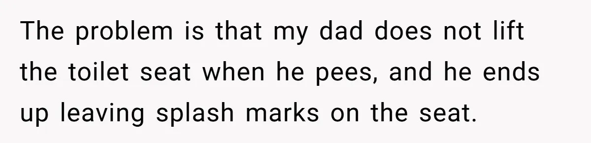 The problem is that my dad does not lift the toilet seat when he pees, and he ends up leaving splash marks on the seat.