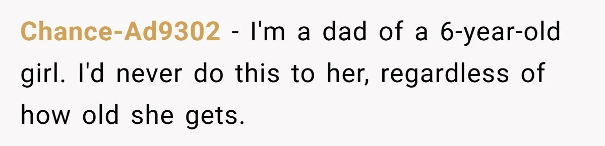 Chance-Ad9302 − I'm a dad of a 6-year-old girl. I'd never do this to her, regardless of how old she gets.