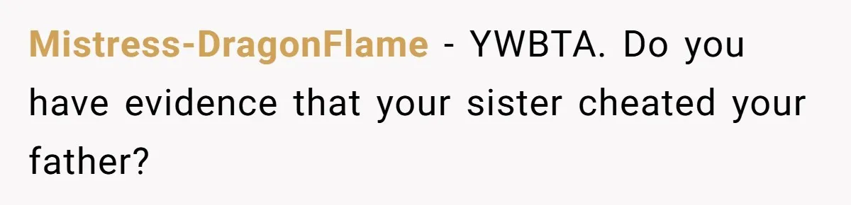 Mistress-DragonFlame − YWBTA. Do you have evidence that your sister cheated your father?