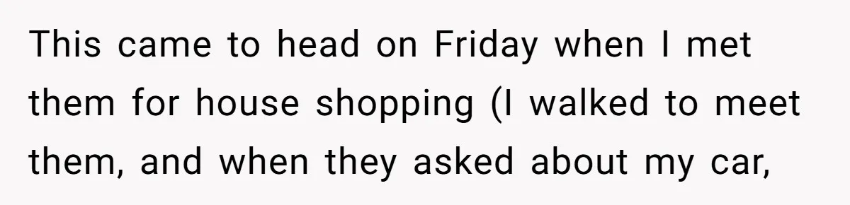 This came to head on Friday when I met them for house shopping (I walked to meet them, and when they asked about my car,