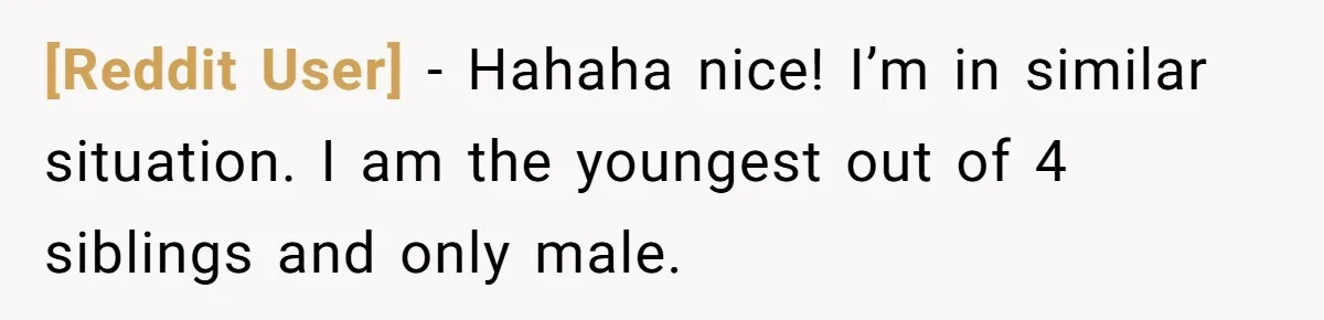 [Reddit User] − Hahaha nice! I’m in similar situation. I am the youngest out of 4 siblings and only male.