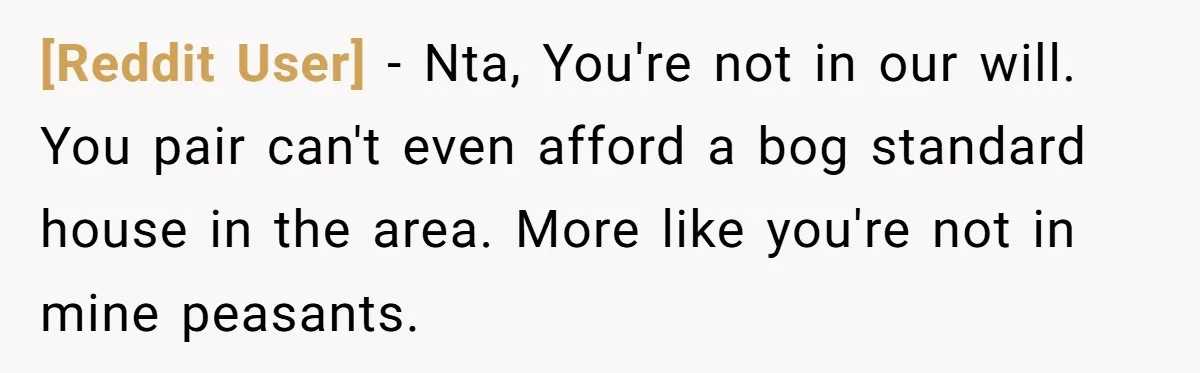 [Reddit User] − Nta, You're not in our will. You pair can't even afford a bog standard house in the area. More like you're not in mine peasants.