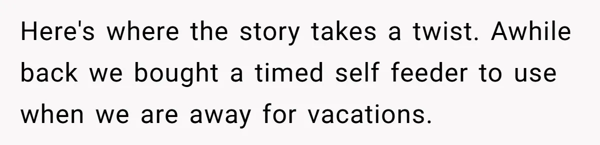 Here's where the story takes a twist. Awhile back we bought a timed self feeder to use when we are away for vacations.