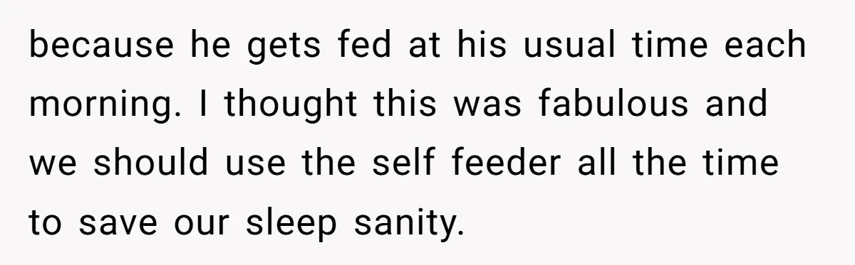 because he gets fed at his usual time each morning. I thought this was fabulous and we should use the self feeder all the time to save our sleep sanity.