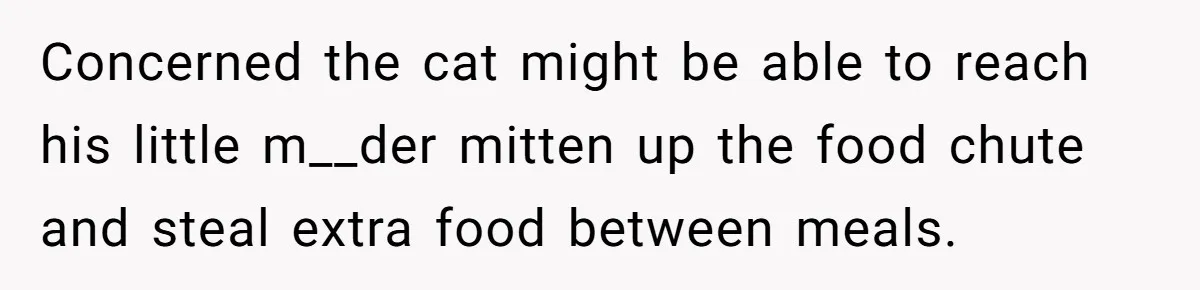 Concerned the cat might be able to reach his little m__der mitten up the food chute and steal extra food between meals.