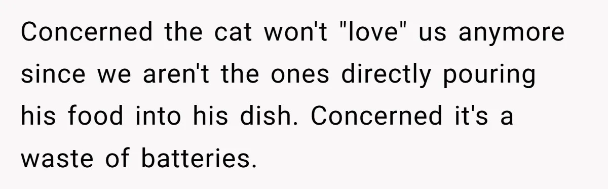 Concerned the cat won't "love" us anymore since we aren't the ones directly pouring his food into his dish. Concerned it's a waste of batteries.