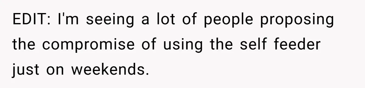 EDIT: I'm seeing a lot of people proposing the compromise of using the self feeder just on weekends.