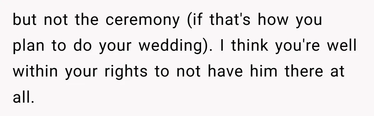 but not the ceremony (if that's how you plan to do your wedding). I think you're well within your rights to not have him there at all.