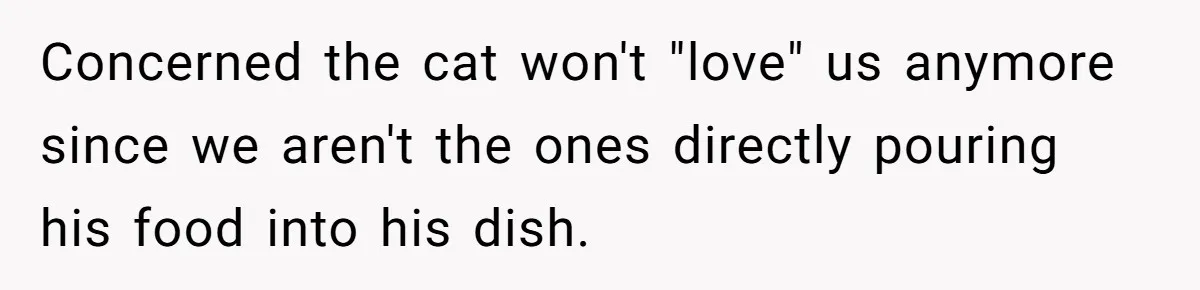 Concerned the cat won't "love" us anymore since we aren't the ones directly pouring his food into his dish.