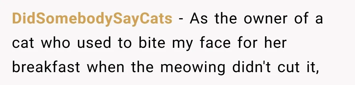 DidSomebodySayCats − As the owner of a cat who used to bite my face for her breakfast when the meowing didn't cut it,