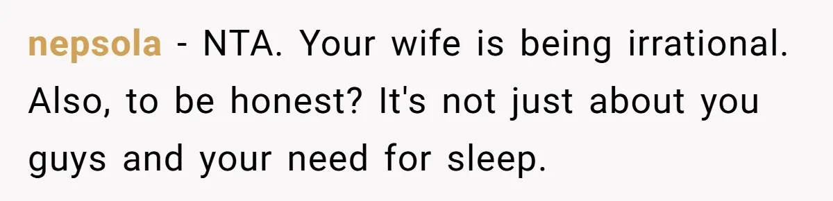 nepsola − NTA. Your wife is being irrational. Also, to be honest? It's not just about you guys and your need for sleep.