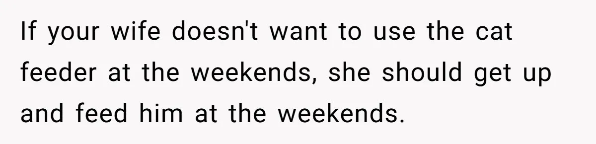 If your wife doesn't want to use the cat feeder at the weekends, she should get up and feed him at the weekends.